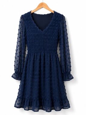 Navy Textured V-Neck Long-Sleeve Dress